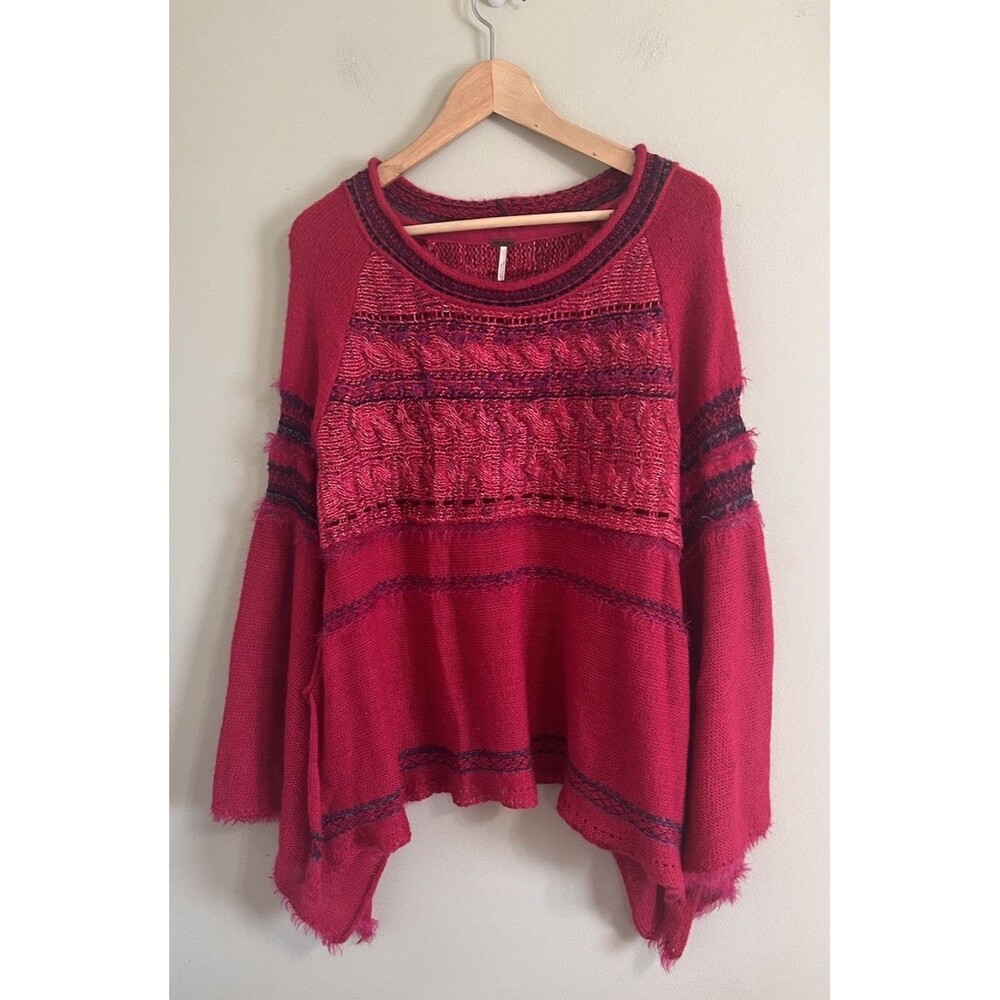 Free People Raspberry Pink Red Textured Knit Bell Sleeve Sweater Women’Size XS - Picture 5 of 14